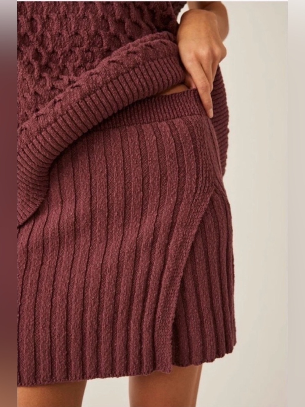 Free People Burgundy Slub Knit ribbed
faux wrap sweater skirt - Size Large